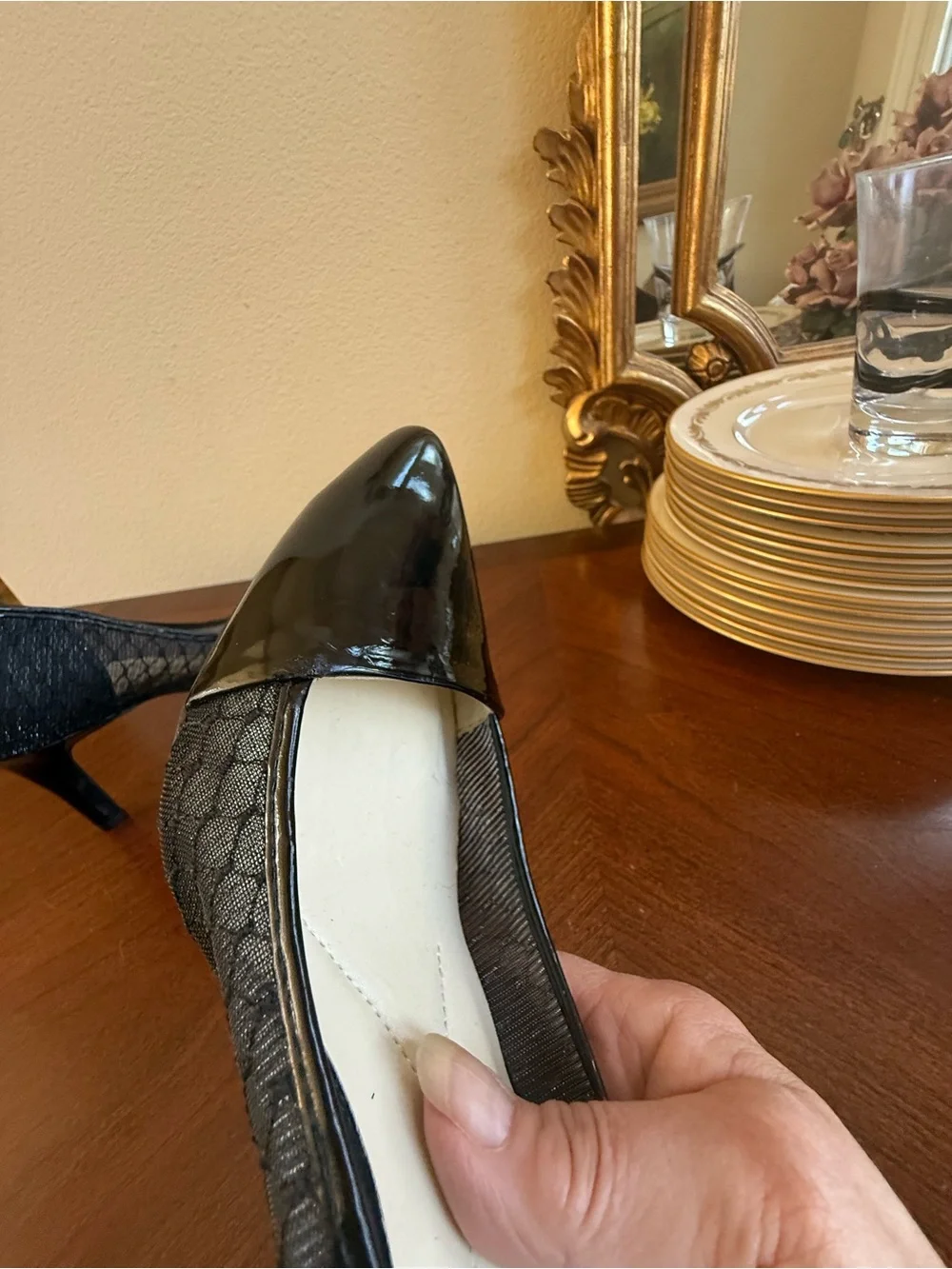 Andrew Geller black patent leather/ woven fabric heels